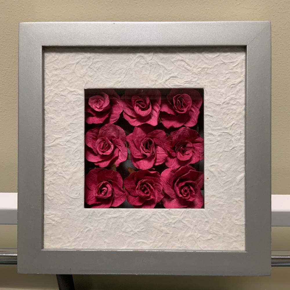 9.25 in square window box with dark pink roses